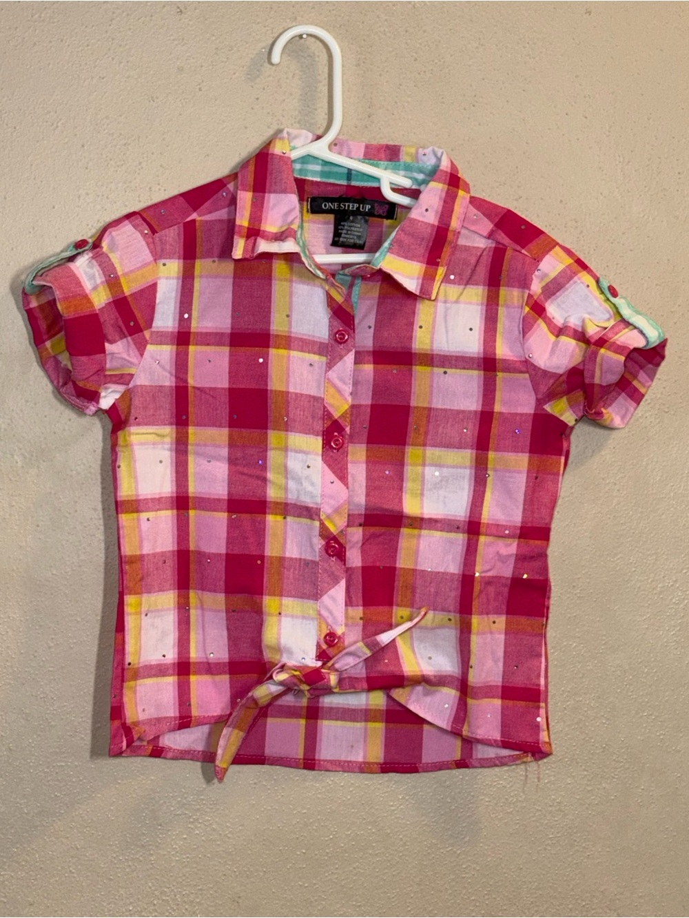 NWOT One Step Up Girls' Pink Plaid Sparkly Tie-Front Button Down Shirt Sz 6